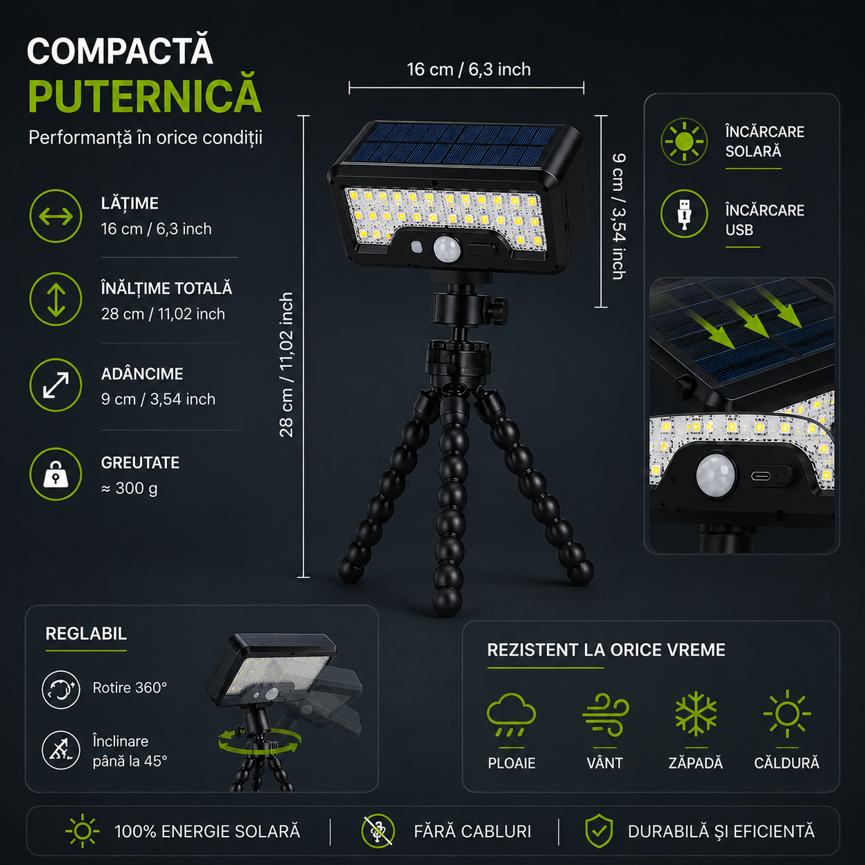 LAMPA SOLIS CU SENZOR DE MIȘCARE REZISTENTĂ LA PLOAIE