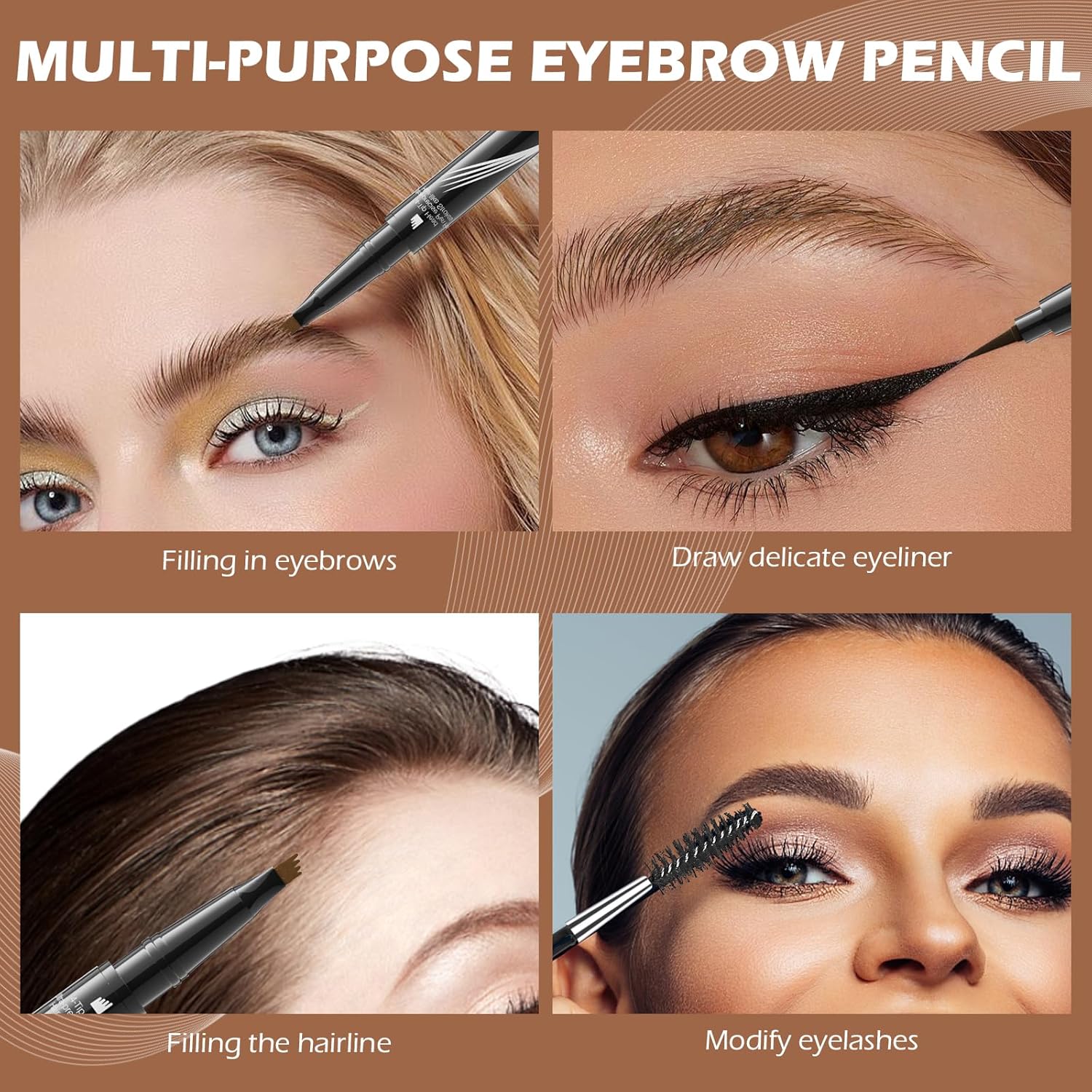 Creion pentru Sprâncene 2 in 1 capăt cu 4 Vârfuri și Capăt pentru Precizie + Pensulă