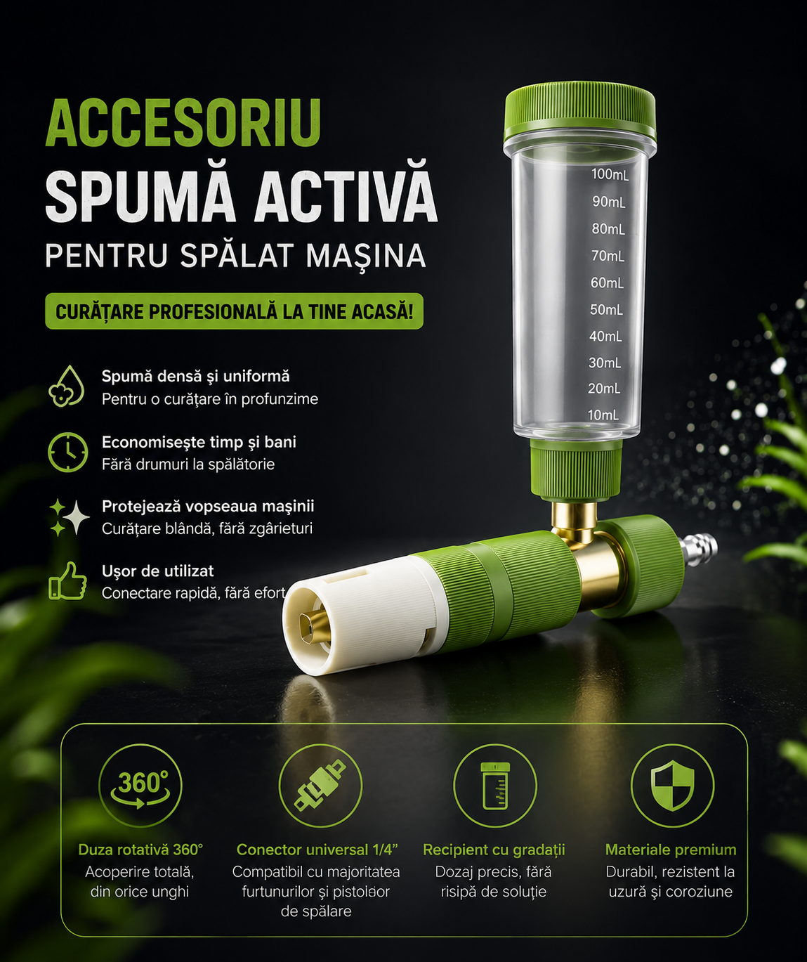 Duză cu rezervor integrat pentru spumă și unghi reglabil 120°/360°