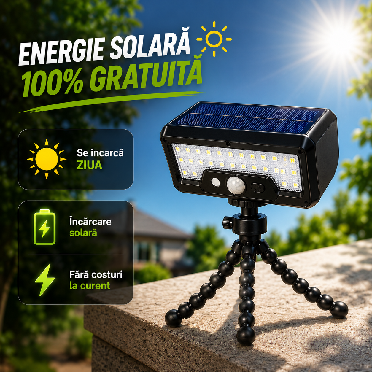 LAMPA SOLIS CU SENZOR DE MIȘCARE REZISTENTĂ LA PLOAIE