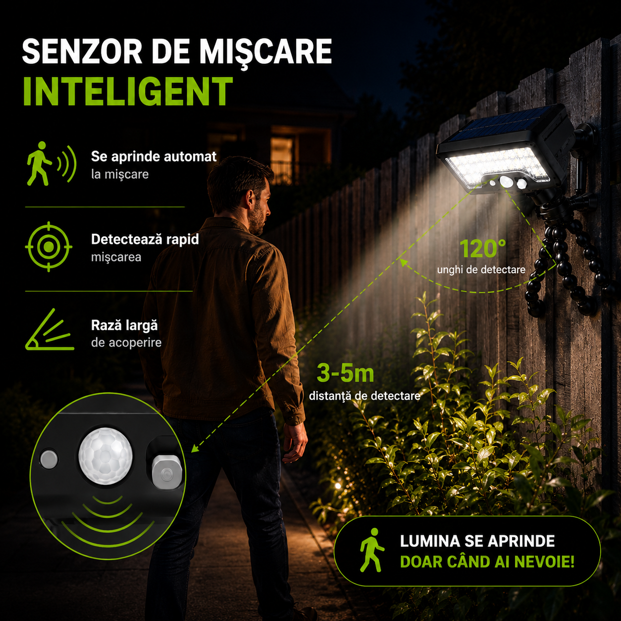 LAMPA SOLIS CU SENZOR DE MIȘCARE REZISTENTĂ LA PLOAIE